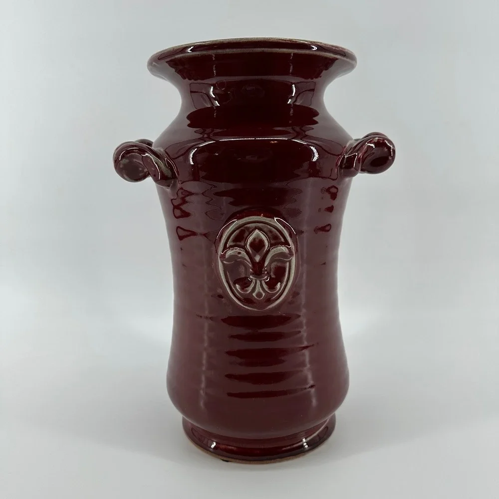 Burgundy Glazed Ceramic Fleur De Lis Vase with Scrolled Handles 12 Inch